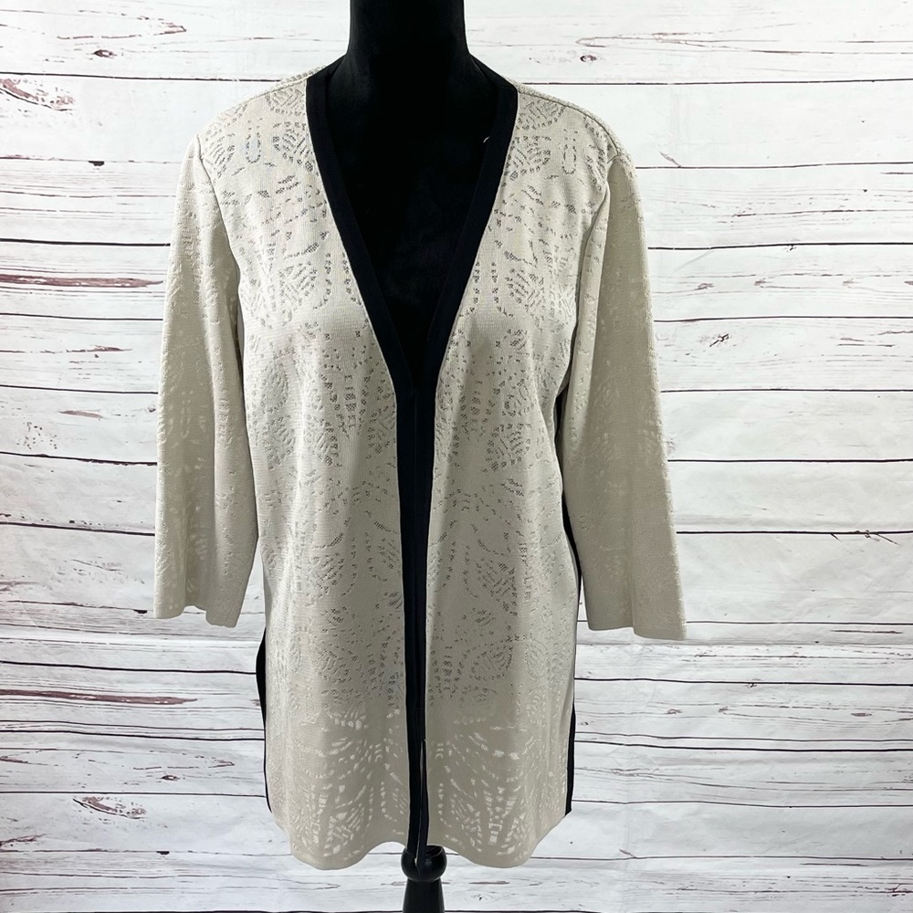 Exclusively Misook Open Cardigan Womens Size L Heritage Fit Beige/Black‎ Knit.